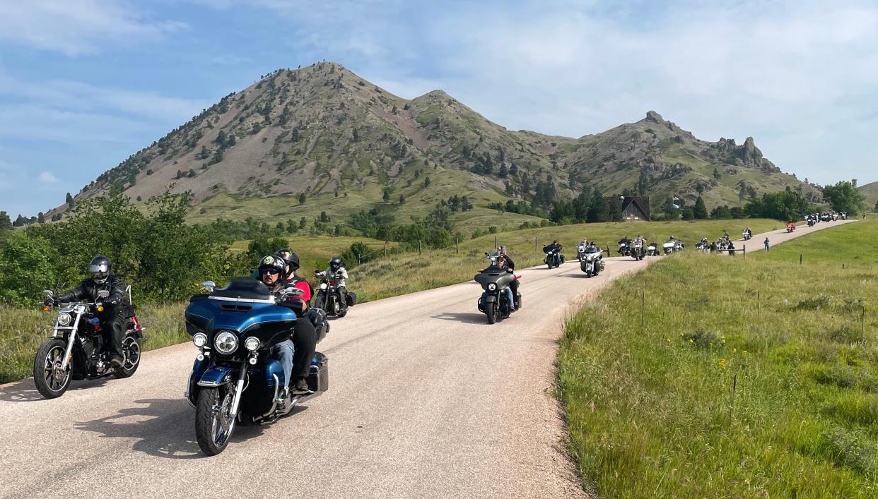 Bikers flow in a line from Bear Butte State Park on Aug. 6 at the start of the 2023 Medicine Wheel Ride aimed at drawing attention and funding to help missing and murdered indigenous women.