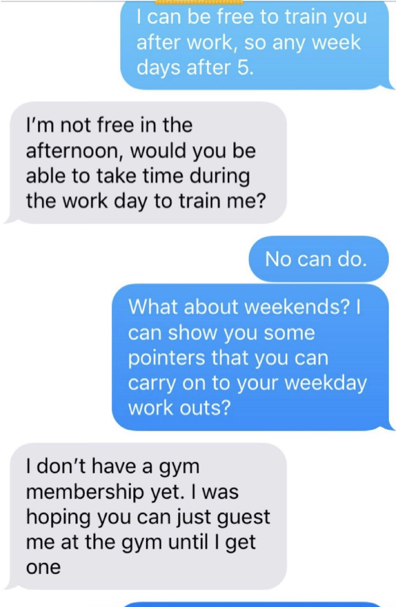 Text continues with coworker asking if they can train them during the workday rather than after work or weekends, and also can they guest them at their gym
