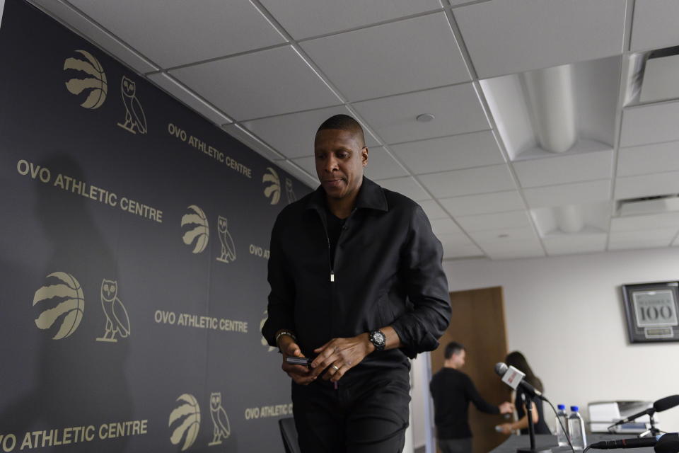 Toronto Raptors president Masai Ujuri leaves a news conference after speaking about the firing of head coach Nick Nurse in Toronto, Friday, April 21, 2023. (Christopher Katsarov/The Canadian Press via AP)
