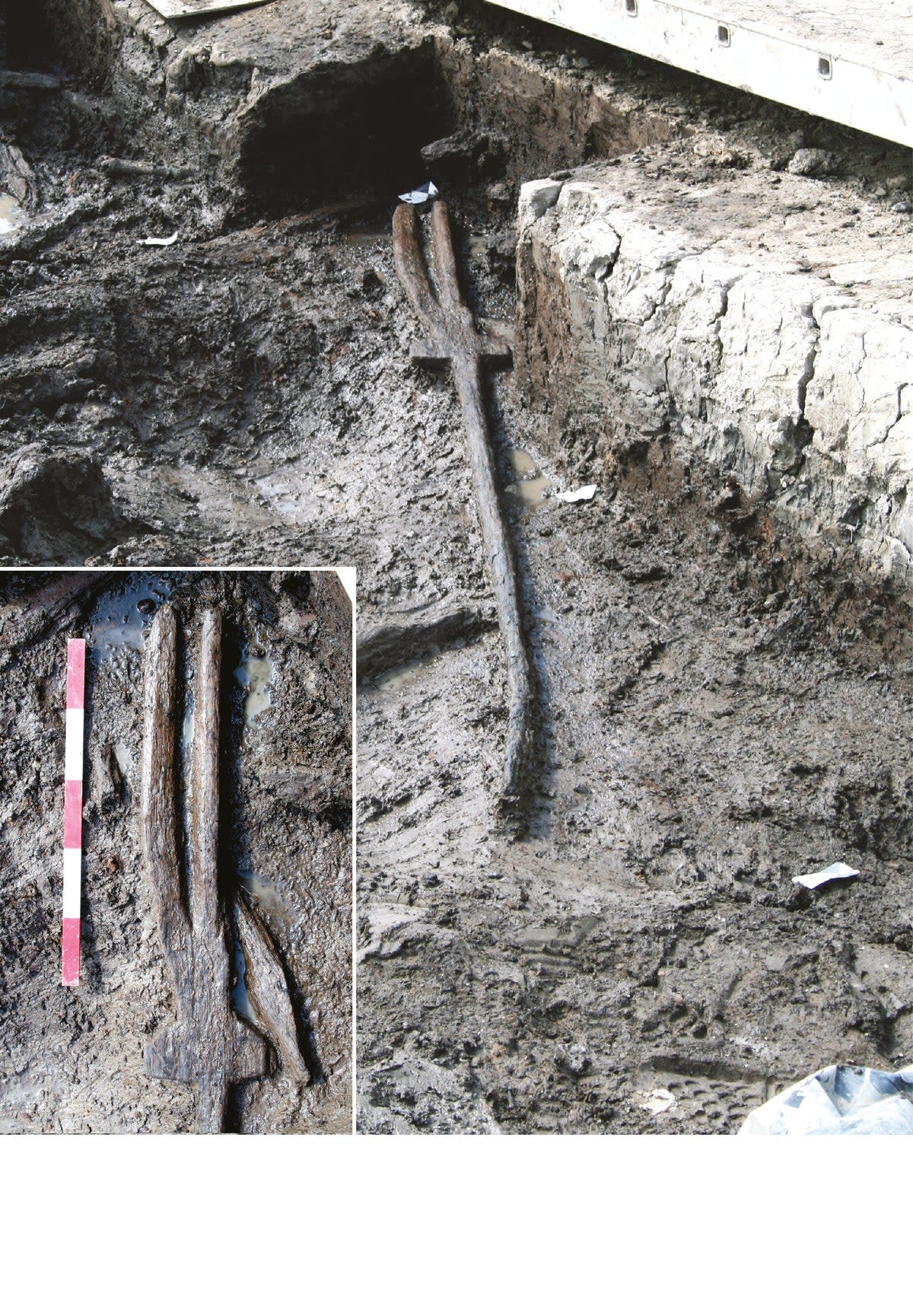 One of the two 6,000 years old tridents as it emerged from the mud during excavations at Stainton West (Image owned by Oxford Archaeology.)