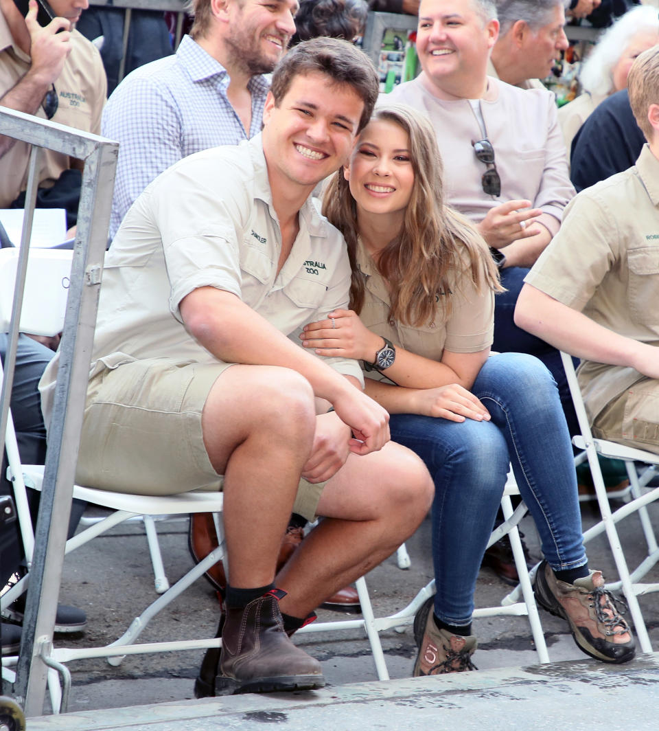 HOLLYWOOD, CA - APRIL 26:  Wakeboarder Chandler Powell (L) and conservationist/TV personality Bindi Irwin attend Steve Irwin being honored posthumously with a Star on the Hollywood Walk of Fame on April 26, 2018 in Hollywood, California.  (Photo by David Livingston/Getty Images)