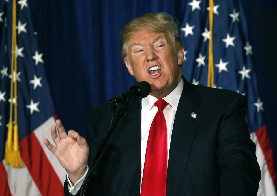 Republican presidential candidate Donald Trump delivers a foreign policy speech at the Mayflower Hotel in Washington, D.C.,&nbsp;April 27, 2016.