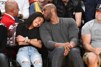 Kobe Bryant and his daughter Gianna Bryant attend a basketball game between the Los Angeles Lakers and the Atlanta Hawks at Staples Center on November 17, 2019 in Los Angeles, California. (Photo by Allen Berezovsky/Getty Images)