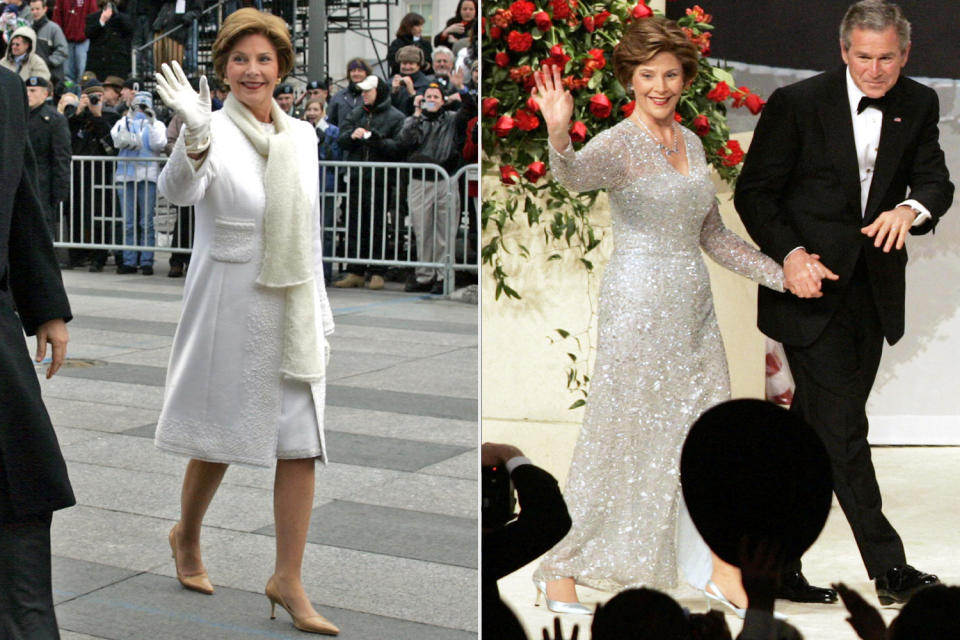 <p>Oscar de la Renta did double duty for Laura Bush in 2005, designing a winter white cashmere coat and dress for the daytime and a shimmering silver and blue tulle gown for the evening events. </p>