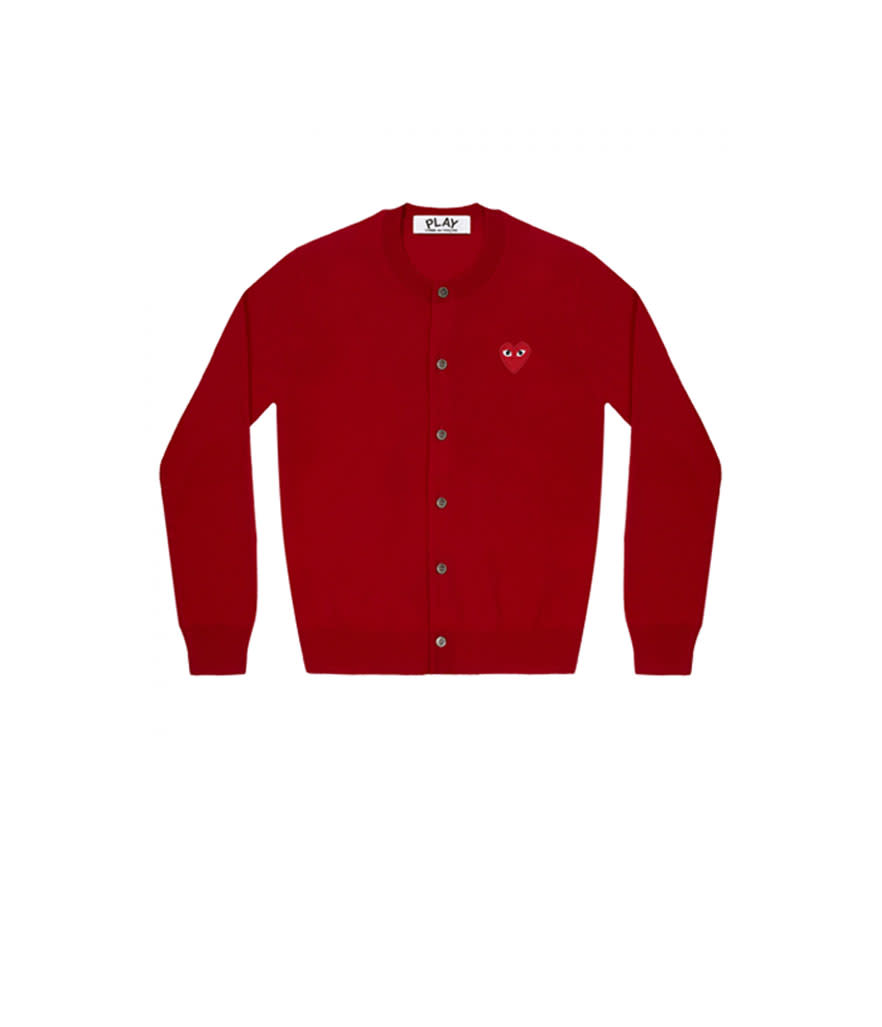 <p>Red Play Ladies’ Cardigan in Red, $390, <a rel="nofollow noopener" href="http://shop.doverstreetmarket.com/us/comme-des-garcons/play/knitwear/red-play-ladies-cardigan-red" target="_blank" data-ylk="slk:doverstreetmarket.com;elm:context_link;itc:0;sec:content-canvas" class="link ">doverstreetmarket.com</a> </p>