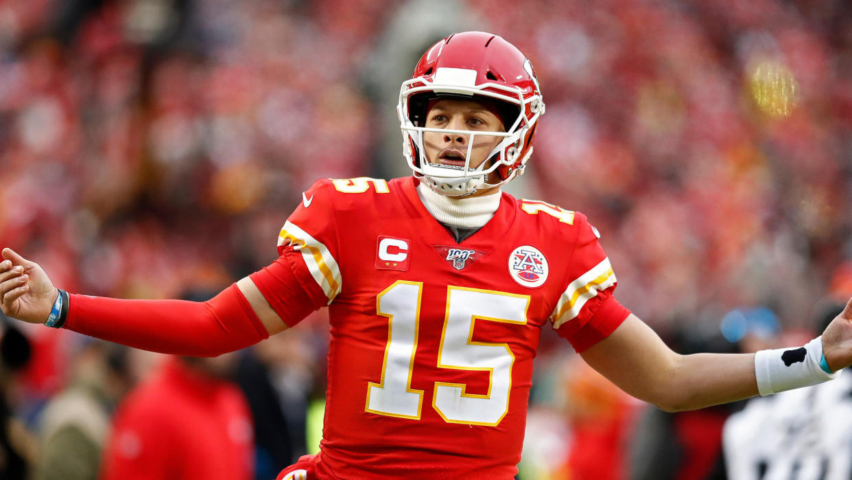 Kansas City Chiefs quarterback Patrick Mahomes reacts after a play against the Houston Texans in the first half of their AFC Divisional round playoff game at Arrowhead Stadium in Kansas City, Missouri, USA, 12 January 2020.
