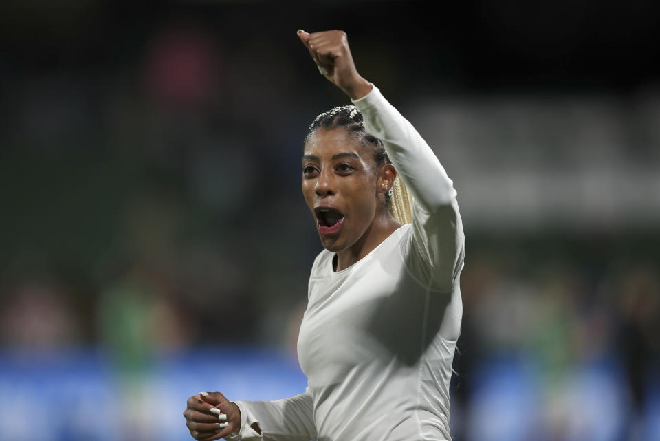 Canada's Ashley Lawrence celebrates after the Women's World Cup Group B soccer match between Canada and Ireland in Perth, Australia, Wednesday, July 26, 2023. Canada won the match 2-1. (AP Photo/Gary Day)