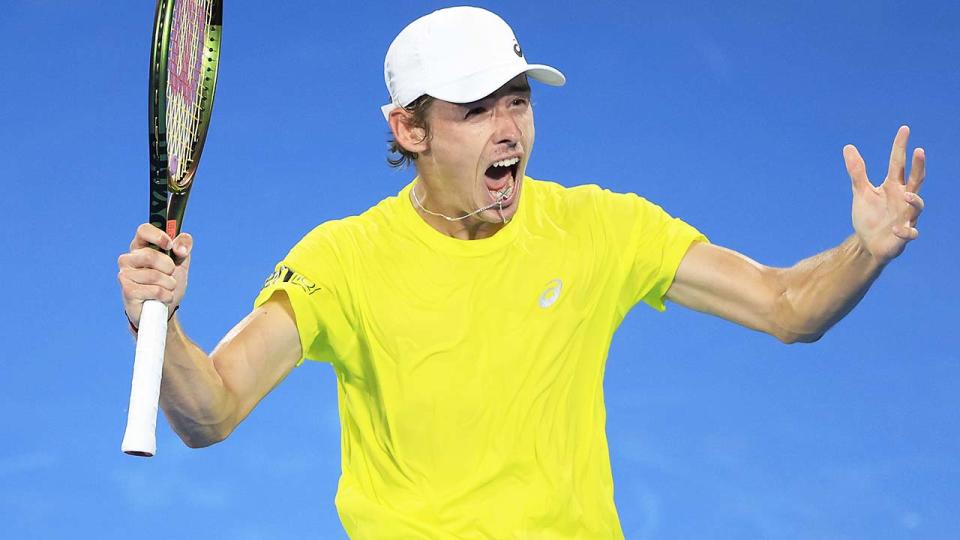 Alex de Minaur, pictured here in action for Australia at the ATP Cup.