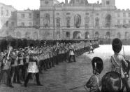 <p>An illustration of Queen Victoria's birthday celebration, called "Guards trooping the colours in St. James's Park on Her Majesty's birthday."</p>