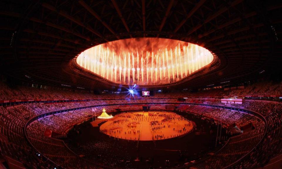 Fireworks light up the Olympic Stadium in Tokyo.