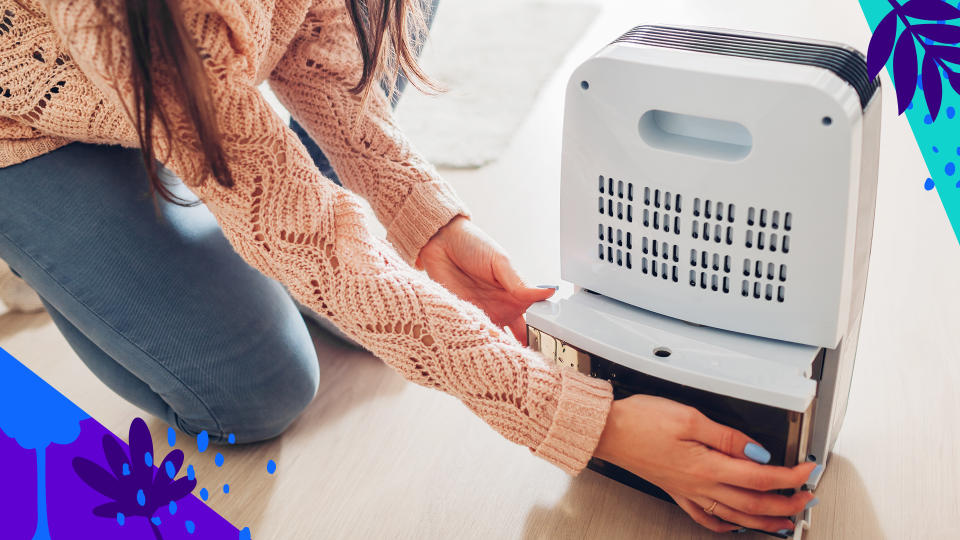 A woman adjusts a portable dehumidifier