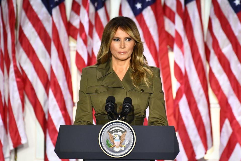 Melania Trump addresses the Republican Convention during its second day from the Rose Garden of the White House August 25, 2020, in Washington, DC.