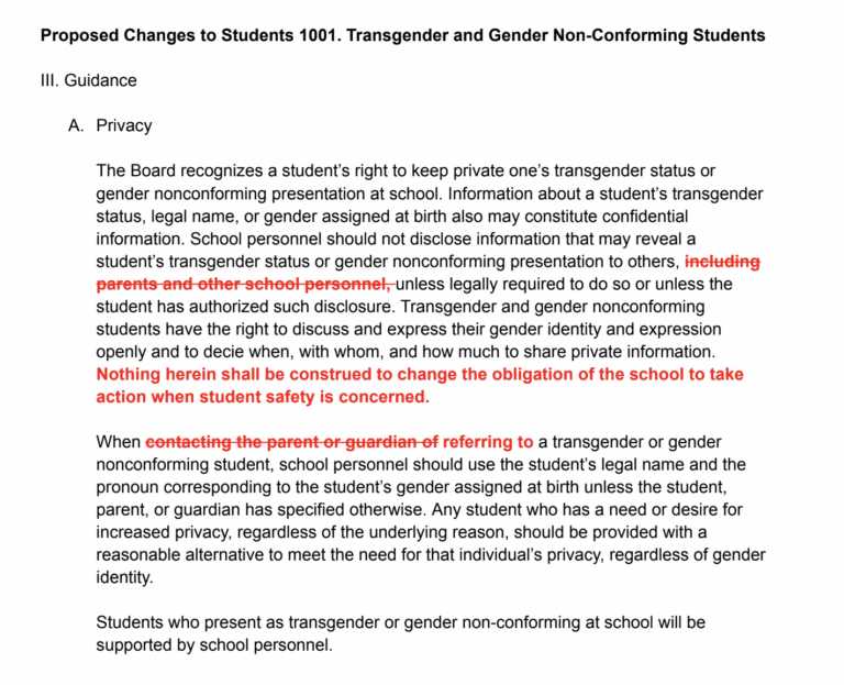 Changes made in March by Manchester School District’s Board of School Committee to the district’s transgender student policy, paring back language that restricted parental notification.