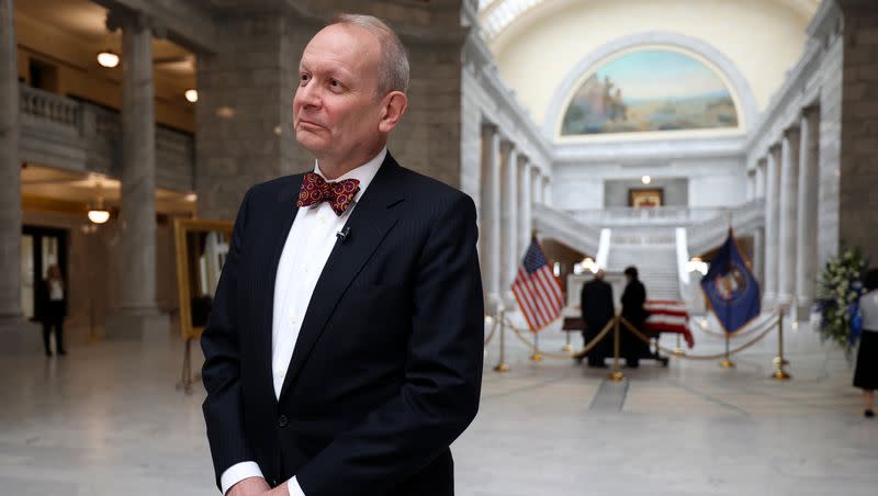 Brent O. Hatch, the oldest son of Sen. Orrin Hatch and Elaine Hatch, speaks to reporters prior to the senator’s viewing at the Capitol in Salt Lake City on May 4, 2022.
