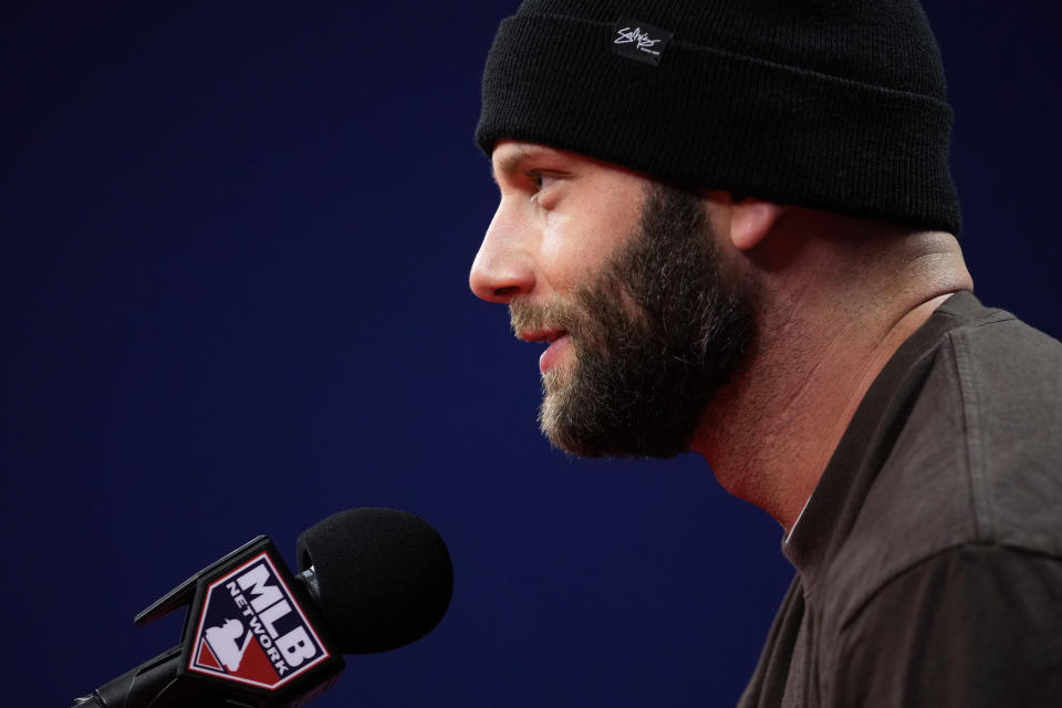 Arizona Diamondbacks' Christian Walker speaks during a news conference before the baseball NL Championship Series against the Philadelphia Phillies, Sunday, Oct. 15, 2023, in Philadelphia. The Phillies host Game 1 on Monday. (AP Photo/Matt Slocum)