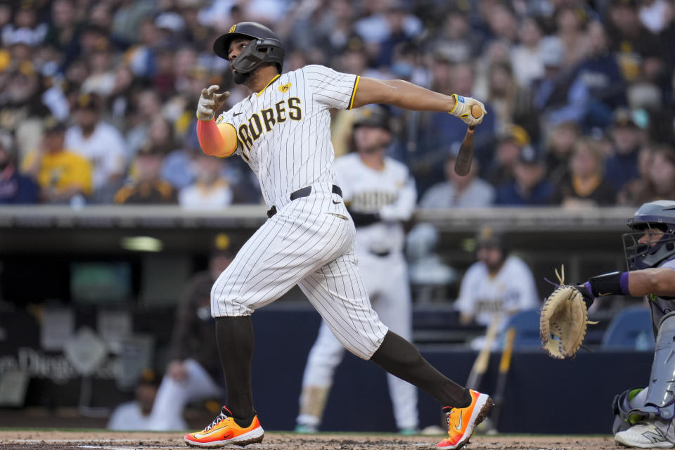 San Diego Padres' Xander Bogaerts watches his home run during the second inning of a baseball game against the Colorado Rockies, Monday, May 13, 2024, in San Diego. (AP Photo/Gregory Bull)