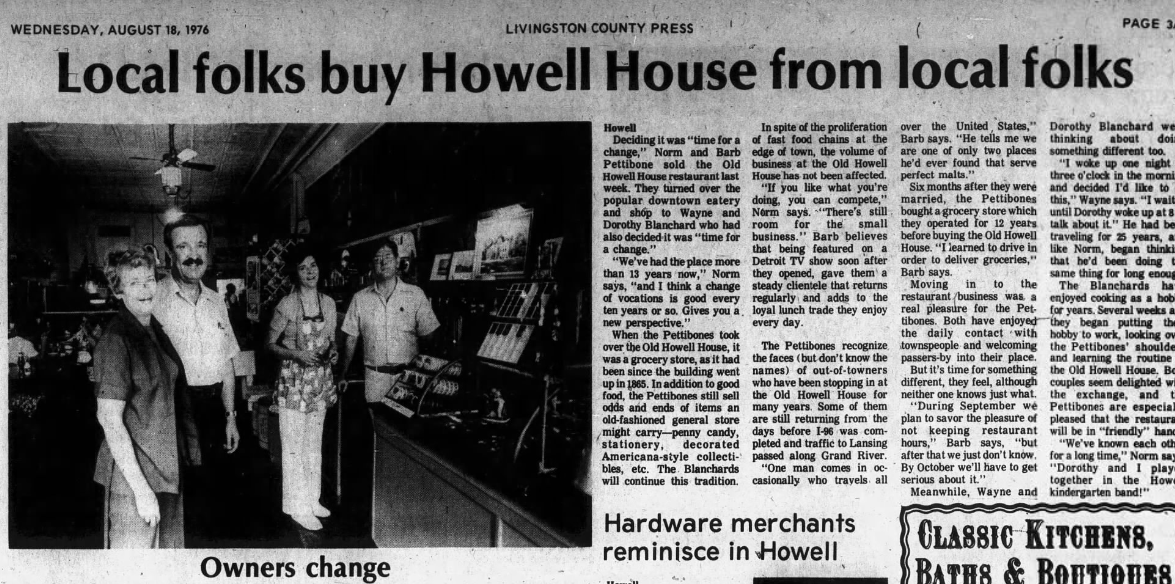 A news article shows Old Howell House changing hands.