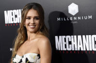 Jessica Alba, a cast member in "Mechanic: Resurrection," poses at the premiere of the film at the ArcLight Hollywood on Monday, Aug. 22, 2016, in Los Angeles. (Photo by Chris Pizzello/Invision/AP)