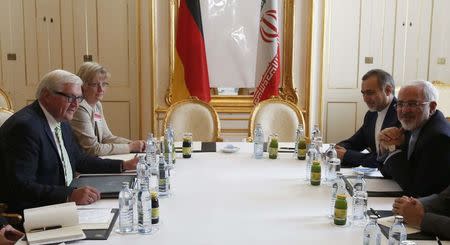 German Foreign Minister Frank-Walter Steinmeier (L) and Iranian Foreign Minister Javad Zarif wait for the start of a bilateral meeting in Palais Coburg, the venue for nuclear talks in Vienna, Austria, July 2, 2015. REUTERS/Leonhard Foeger