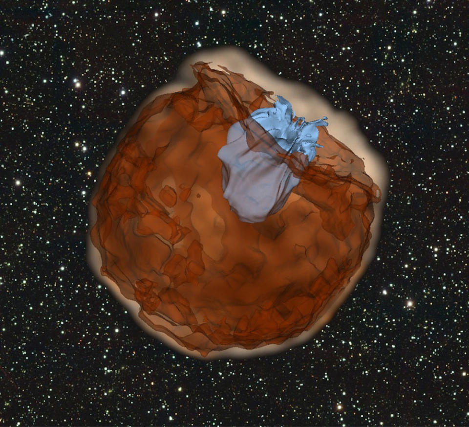 In this simulation, an orange structure can be seen in space, and inside the structure is a blue bag.