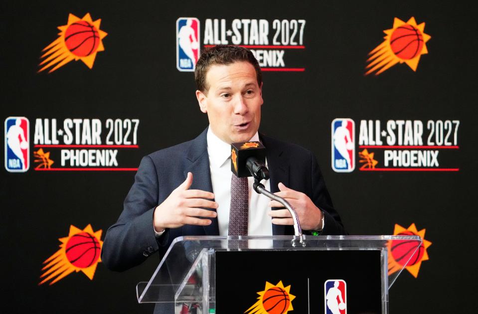 Phoenix Suns owner Mat Ishbia talks about the announcement that Phoenix will host 2027 NBA All-Star weekend during a press conference at Footprint Center.