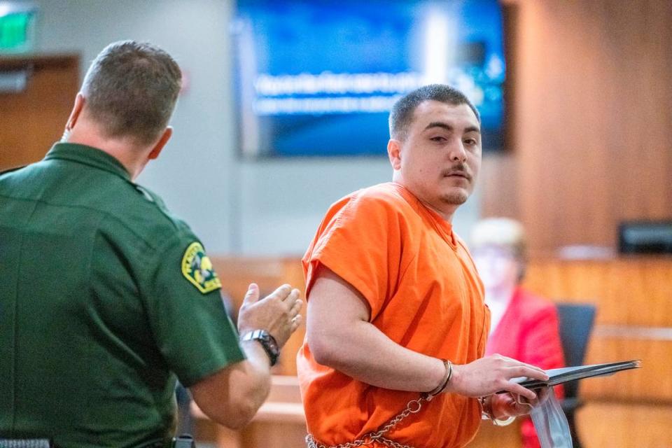 Virgil Xavier Bordner, 22, looks at his family on Thursday, Sept. 1, 2022, after he was sentenced to 17 years at the Placer Superior Court in Roseville for the death of Zachary Didier of Rocklin from fentanyl poisoning.