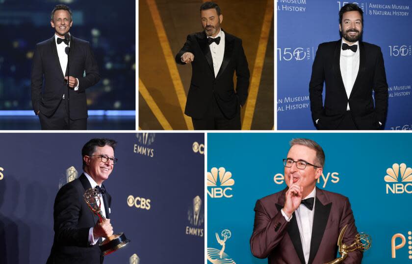 (Clockwise top left) Seth Meyers, Jimmy Kimmel, Jimmy Fallon, John Oliver, and Stephen Colbert.