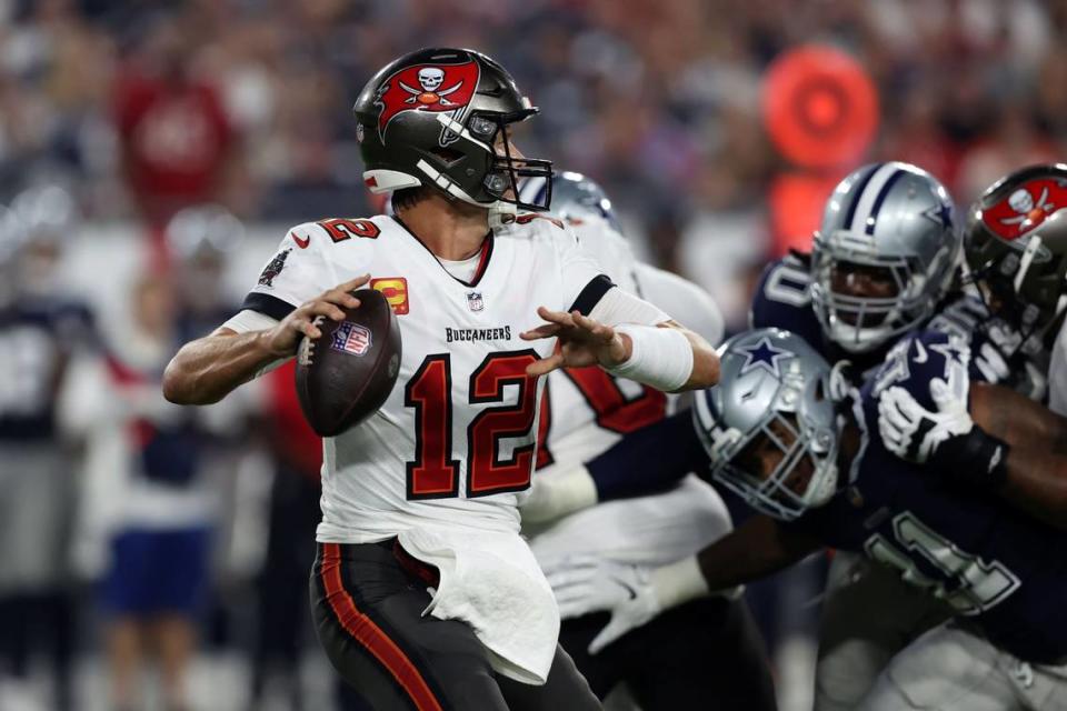 Tampa Bay Buccaneers quarterback Tom Brady (12) throws a pass against the Dallas Cowboys during the first half of an NFL football game Thursday, Sept. 9, 2021, in Tampa, Fla.