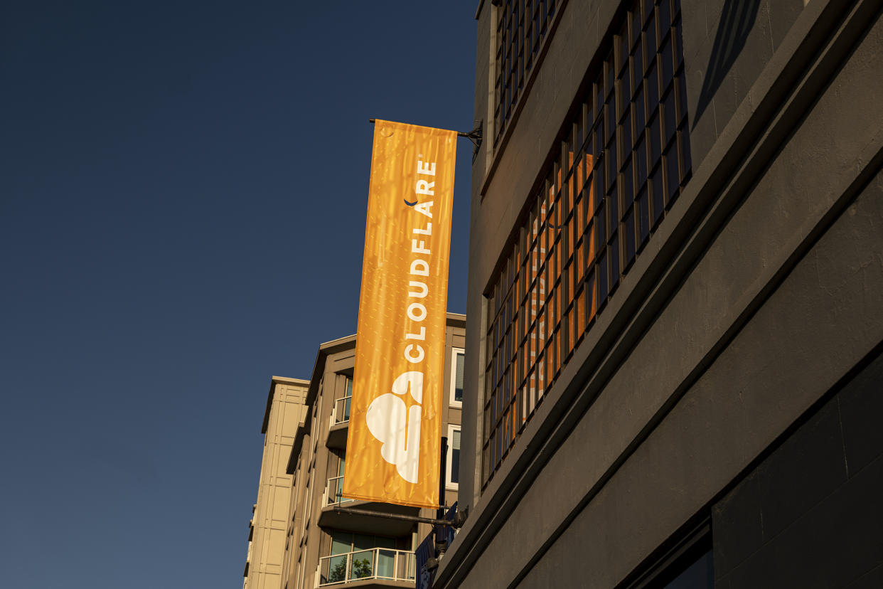 Signage outside the Cloudflare headquarters in San Francisco, California, U.S., on Tuesday, Feb. 8, 2022.