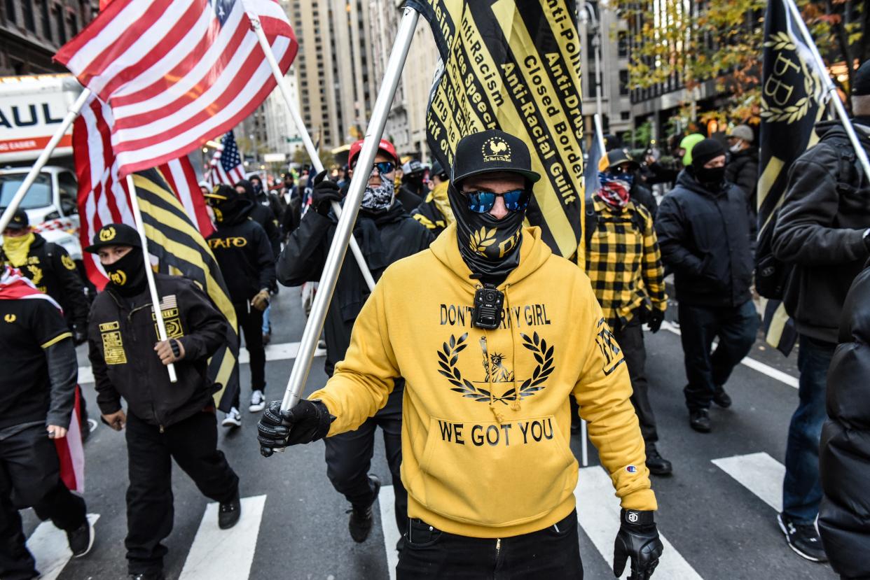 Members of the Proud Boys march in Manhattan against vaccine mandates on Nov. 20, 2021 in New York City.