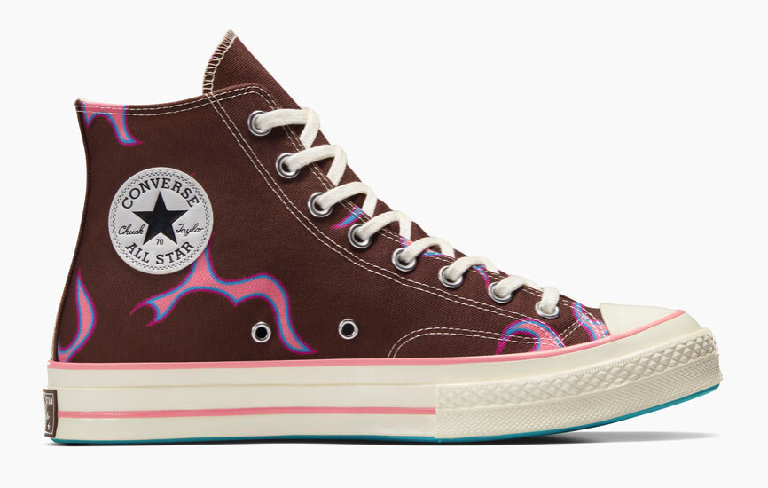 brown and pink high-top converse