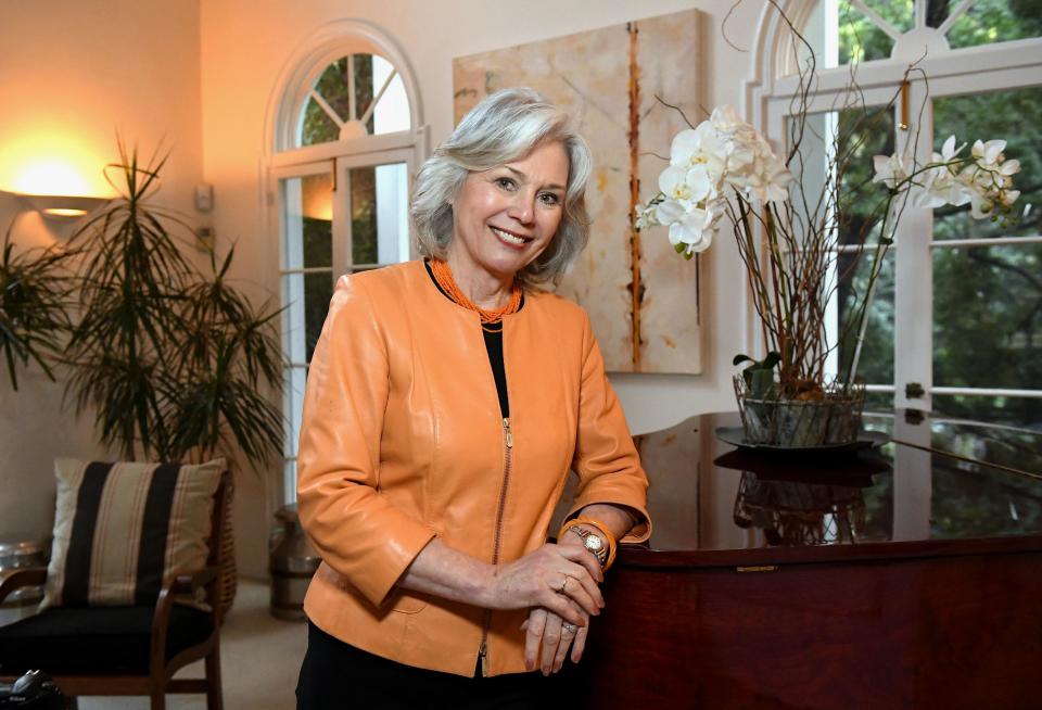 In this Friday, Feb. 3, 2017, photo, Kathryn Leigh Scott poses at her home in Beverly Hills, Calif. Scott, who was a Bunny at the Playboy Club in Manhattan during the 1960's, at the same time as feminist Gloria Steinem, has written a history of the Playbook clubs, titled "The Bunny Years," interviewing 300 other former Bunnies around the world. (AP Photo/Mark J. Terrill)