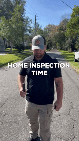Man in cap and casual attire walking forward with text overlay "HOME INSPECTION TIME"