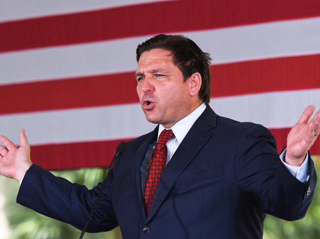 Florida Gov. Ron DeSantis speaks to supporters at a campaign stop on the Keep Florida Free Tour at the Horsepower Ranch in Geneva. DeSantis faces former Florida Gov. Charlie Crist for the general election for Florida Governor in November.