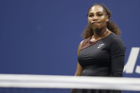 Sep 8, 2018; New York, NY, USA; Serena Williams of the United States stands on the court after being assessed a game penalty in her match against Naomi Osaka of Japan (not pictured) in the women's final on day thirteen of the 2018 U.S. Open tennis tournament at USTA Billie Jean King National Tennis Center. Geoff Burke-USA TODAY Sports