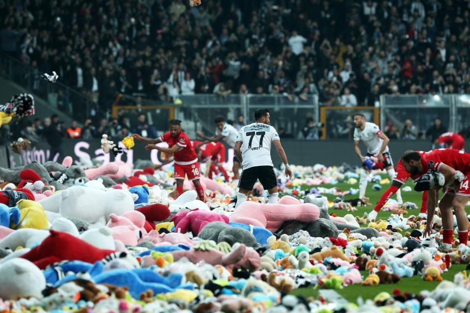 ans of Besiktas throw Teddy bears onto the field in support for the earthquake victim children and to commemorate the dead children on February 26, 2023 in Istanbul, Türkiye. The death toll from a catastrophic earthquake that hit Turkey and Syria has topped 45,000, with search and rescue teams starting to wind down their work.