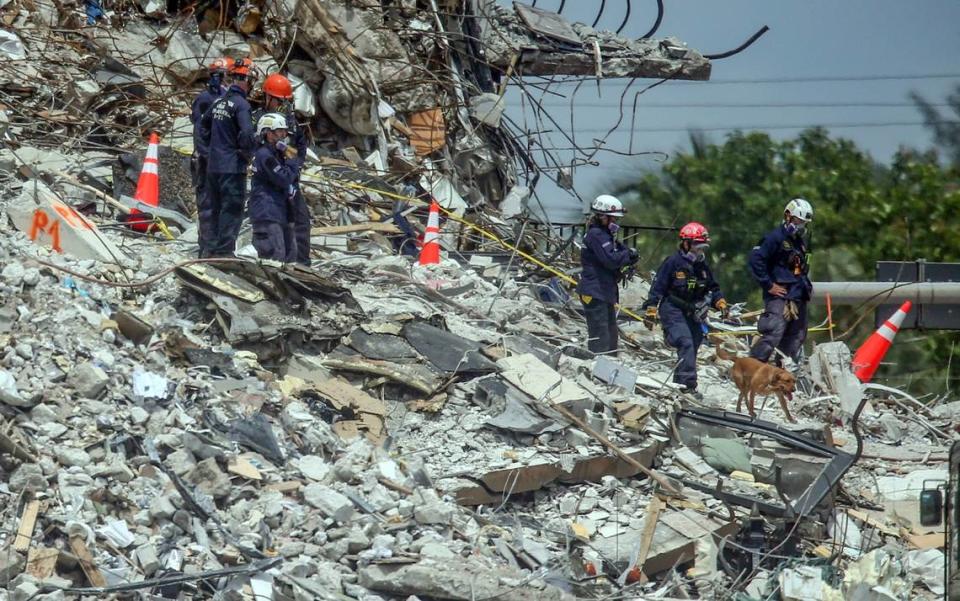 Search and rescue teams with a rescue dog look for survivors at the site of the collapsed 12-story oceanfront condo Champlain Towers South in Surfside on Tuesday, June 29, 2021.