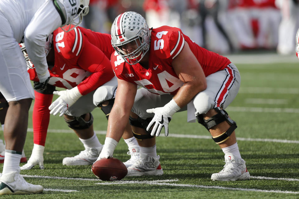 This Nov. 11, 2017, photo shows Ohio State offensive lineman Billy Price playing against Michigan State during an NCAA college football game in Columbus, Ohio. Price was selected to the AP All-America team announced Monday, Dec. 11, 2017. (AP)