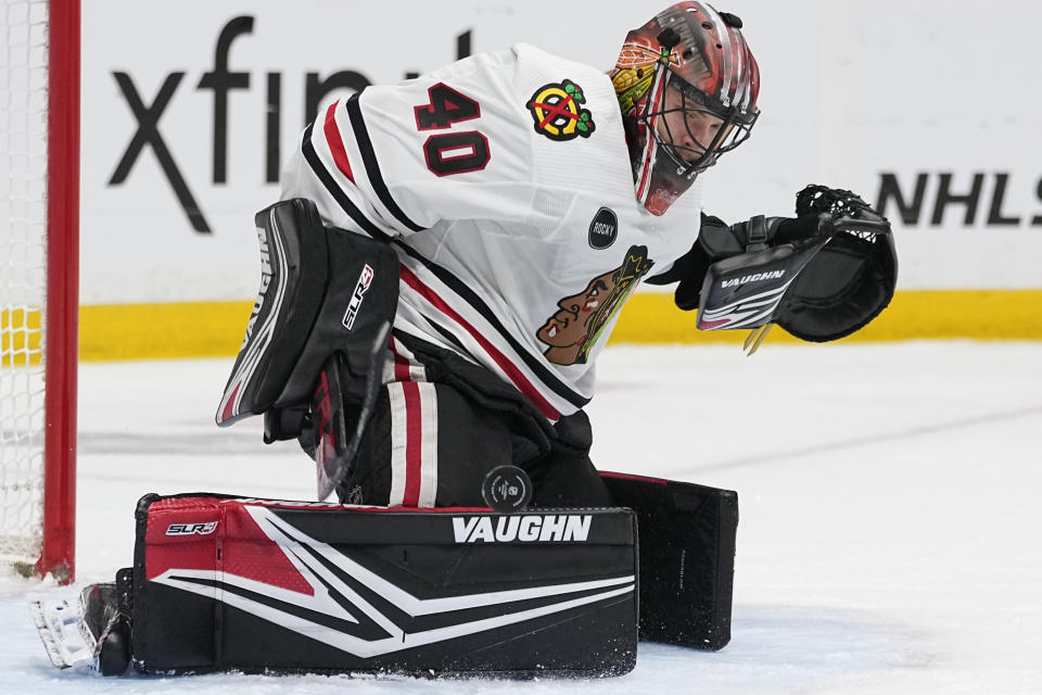 Chicago Blackhawks goaltender Arvid Soderblom (40) defends the goal against the Nashville Predators during the second period of an NHL hockey game Tuesday, Jan. 2, 2024, in Nashville, Tenn. (AP Photo/George Walker IV)