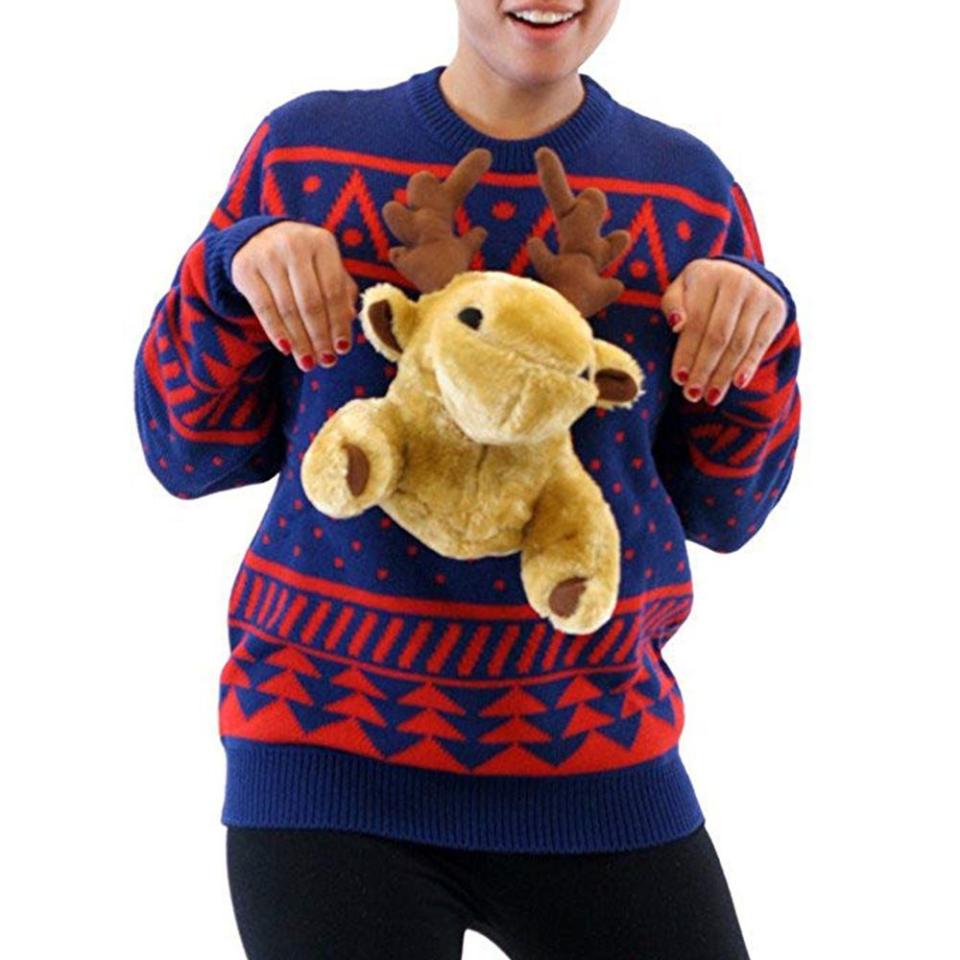 7) Navy 3D Reindeer Moose Ugly Christmas Sweater