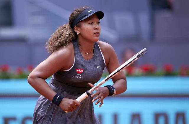 MADRID, SPAIN - APRIL 30: Naomi Osaka of Japan looks on in her first round match against Misaki Doi of Japan on day two of the Mutua Madrid Open tennis tournament at La Caja Magica on April 30, 2021 in Madrid, Spain. (Photo by Mateo Villalba/Quality Sport Images/Getty Images)