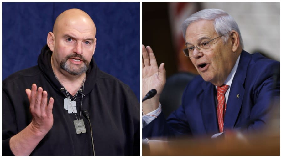 Sen. John Fetterman (D-Pa.) speaks during a news conference at the U.S. Capitol on Feb. 7, 2024. <em>(Photo by Anna Moneymaker/Getty Images)</em> — Sen. Bob Menendez (D-N.J.) speaks during a Senate Banking, Housing, and Urban Affairs Committee hearing on Dec. 6, 2023. <em>(Photo by Ting Shen/Bloomberg via Getty Images)</em>