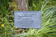 A plaque at the base of a tree planted by Prince Philip in 1999 at Britannia Royal Naval College in Dartmouth, Devon, where the he first met the Queen whilst training as a young naval cadet, England, Monday, April 12, 2021. Britain's Prince Philip, the irascible and tough-minded husband of Queen Elizabeth II who spent more than seven decades supporting his wife in a role that mostly defined his life, died on Friday. (Ben Birchall/PA via AP)