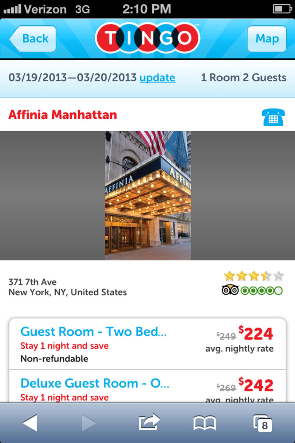 This screen image released by Smarter Travel Media shows an image from the Tingo mobile app. Tingo is one of a growing number of services that aim to save travelers money on their hotel stays. The site, which is owned by TripAdvisor, says that travelers have a 20-percent chance of getting at least some money back. The typical rebate is $50, according to the company, but occasionally travelers like Eisen get much more back. (AP Photo/Smarter Travel Media)