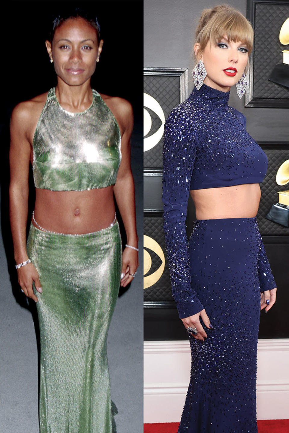 Jade Pinkett Smith in Versace at the Oscars. Right: Taylor Swift in Roberto Cavalli at the 2023 Grammys.