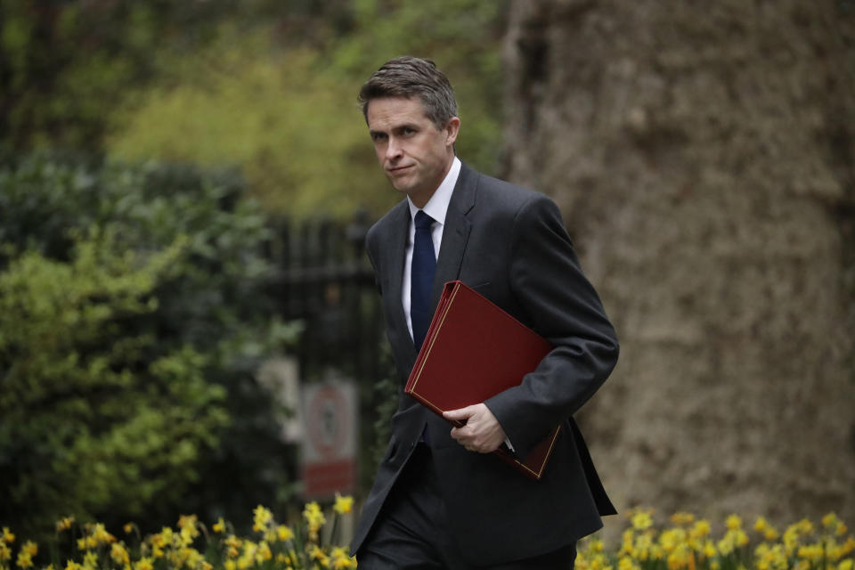 Britain's Defence Secretary Gavin Williamson arrives for a cabinet meeting in 10 Downing Street, London, Tuesday, April 2, 2019. British Prime Minister Theresa May is set for a marathon session with her Cabinet as the government tries to find a way out of the Brexit crisis, after lawmakers again rejected all alternatives to her European Union withdrawal agreement. (AP Photo/Matt Dunham)