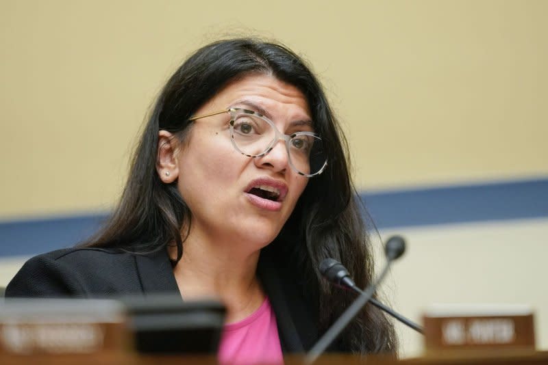 "U.S. companies should not be allowed to obscure their exposure to climate crisis risk, threatening the investments of [people] who need standardized and reliable information,” Rep. Rashida Tlaib, D-Mich., said at Thursday's House Financial Services subcommittee meeting. Pool File Photo by Andrew Harnik/UPI