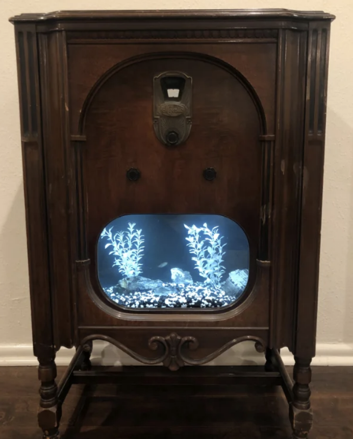 Antique wooden cabinet converted into an aquarium with decorative plants inside