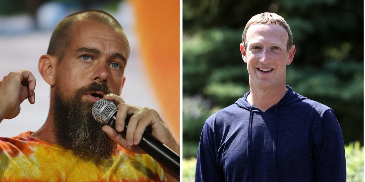 A picture of Jack Dorsey and a picture of Mark Zuckerberg.