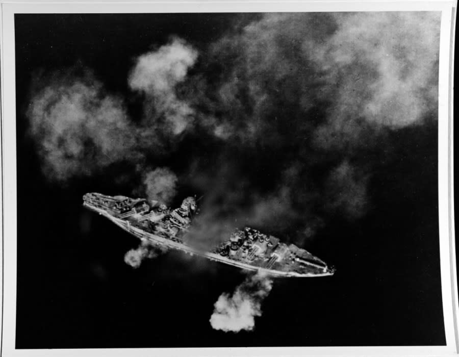 USS Pennsylvania (BB-38) firing her 14/45 and 5/38 guns while bombarding Guam, south of the Orote Peninsula, on the first day of landings, 21 July 1944. (Official U.S. Navy Photograph, from the collections of the Naval History and Heritage Command)